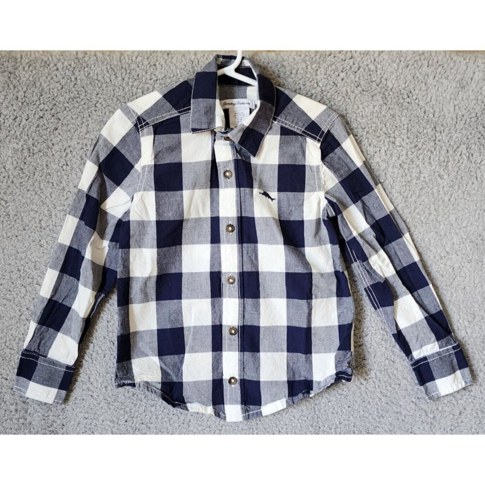Tommy Bahama Navy Blue Plaid Long Sleeve Button Up Shirt Youth Size Small 5/6